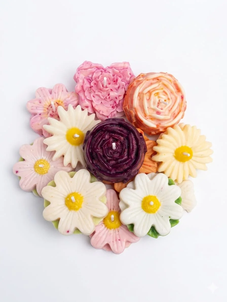 Velas aromáticas artesanales de cera de soja con forma de flor