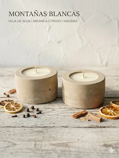 Vela aromática en contenedor de cemento gris