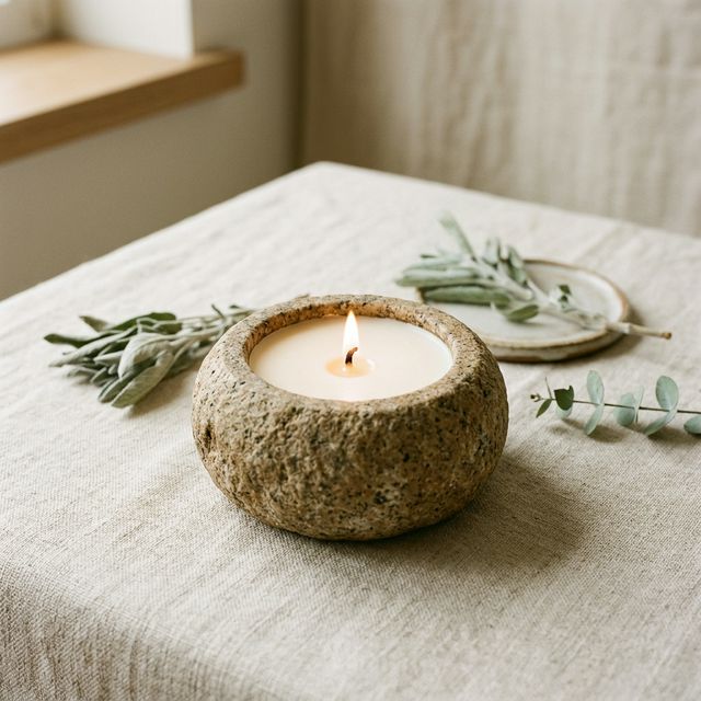 Portavela artesanal con vela aromática encendida